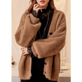 Bishop-sleeve Button-detail Furry Cardigan