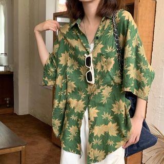 Short-sleeve Printed Oversized Hawaiian Shirt Green - One Size