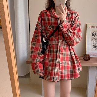 Plaid Tie-waist Shirt Red - One Size
