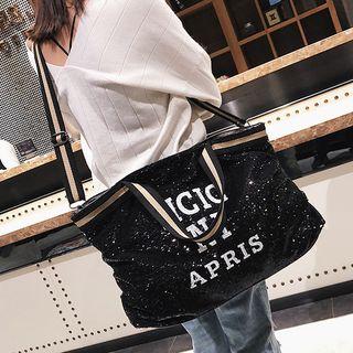 Lettering Sequined Tote Bag Black - One Size