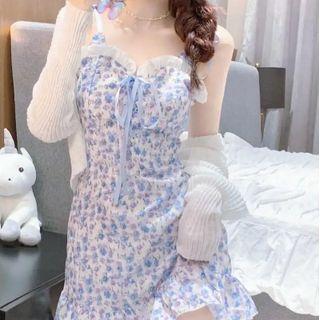 Set: Spaghetti Strap Floral Print Mini A-line Dress + Cardigan