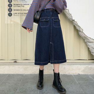 Midi A-line Cargo Denim Skirt