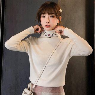 Turtleneck Cat Embroidered Knit Top