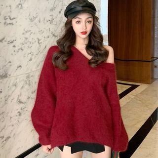 V-neck Oversize Plain Faux Furry Sweater