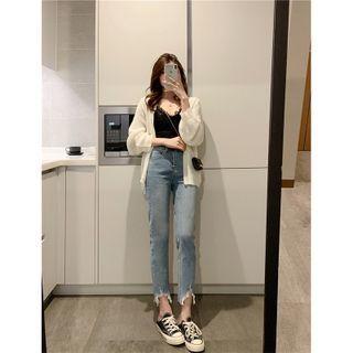 High Waist Crop Distressed Straight Leg Jeans