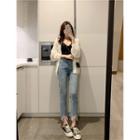 High Waist Crop Distressed Straight Leg Jeans