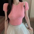 Short-sleeve Plain Knit Crop Top Pink - One Size