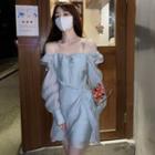 Long-sleeve Cold Shoulder Mini A-line Dress Ash Blue - One Size