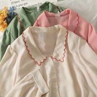 Contrasted Puff-sleeve Loose Shirt