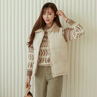 Fleece-collar Snap-button Padded Vest