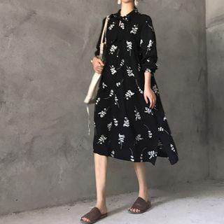 Long-sleeve Floral Midi Dress Black - One Size