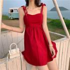 Plain Sleeveless Mini Dress Red - One Size