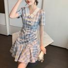 Short Sleeve Lace Collar Check Mini A-line Dress