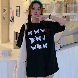 Couple Matching Elbow-sleeve Butterfly Print T-shirt