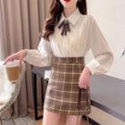 Set Of 2: Long-sleeve Bow Blouse + High-waist Plaid Tweed Skirt