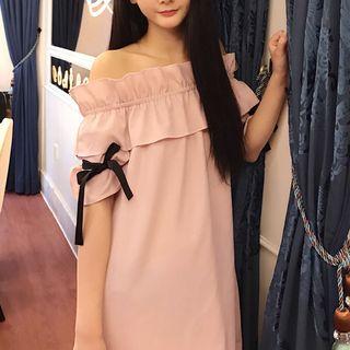 Elbow-sleeve Off Shoulder Chiffon Mini Dress
