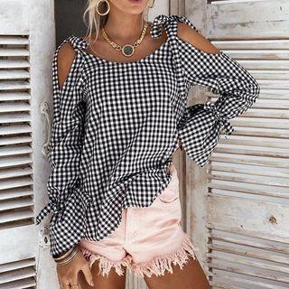 Long-sleeved Off-shoulder Crewneck Gingham Slim Blouse