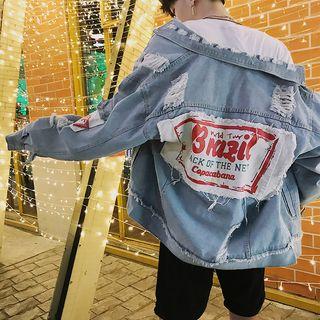 Buttoned Ripped Appliqu  Denim Jacket