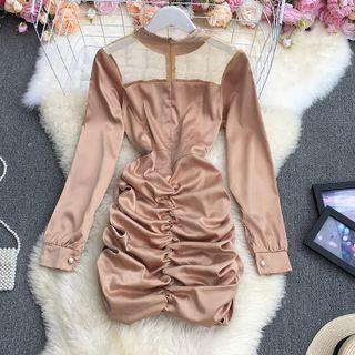 Long-sleeve Mesh Panel Shirred Mini Sheath Dress