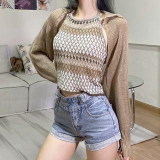 Set: Halter Argyle Knit Camisole Top + Cardigan Brown - One Size