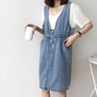 Drawstring Denim Pinafore Dress Blue - One Size