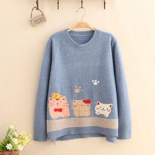 Cat Jacquard Round-neck Sweater