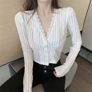 Ribbed Lace Trim Blouse