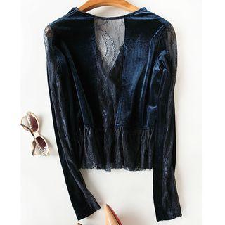 Lace Panel V-neck Velvet Long-sleeve Top