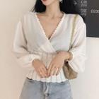 V-neck Puff-sleeve Knit Panel Lace Blouse