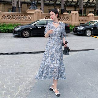 Elbow-sleeve Floral Print Midi A-line Dress / Spaghetti-strap Dress