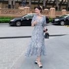 Elbow-sleeve Floral Print Midi A-line Dress / Spaghetti-strap Dress