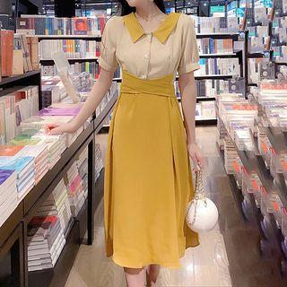 Short-sleeve Color Block Paneled A-line Midi Dress