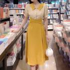 Short-sleeve Color Block Paneled A-line Midi Dress