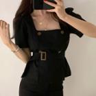 Belted Short-sleeve Double-breasted Blouse