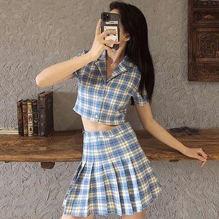 Short-sleeve Plaid Shirt / Mini A-line Pleated Skirt