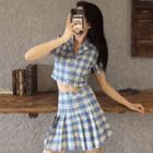 Short-sleeve Plaid Shirt / Mini A-line Pleated Skirt