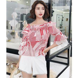 Set Of 4: Printed Cover-up + Bikini Top + Swim Shorts