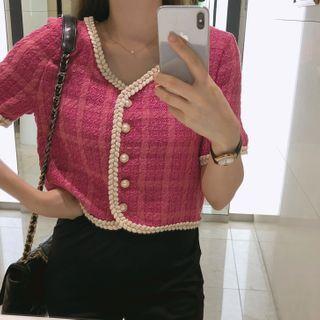 Braided-trim Faux-pearl Tweed Jacket Pink - One Size