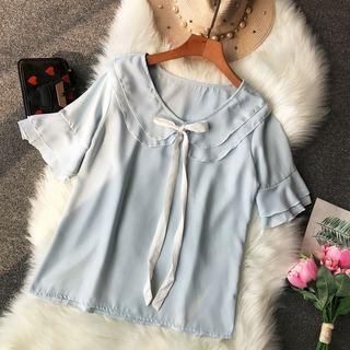 Collared Bell-sleeve Bow-tie Blouse