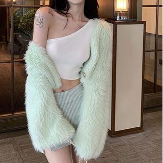 One Shoulder Plain Crop Top / High-waist Plain Ribbed Slit Mini Skirt / Plain Furry Knit Cropped Cardigan