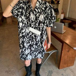 Short-sleeve Print Mini A-line Shirt Dress Black & White - One Size