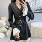 Long-sleeve Striped Hook-and-eye Mini Dress