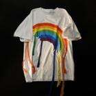 Elbow-sleeve Rainbow Print Fringed T-shirt