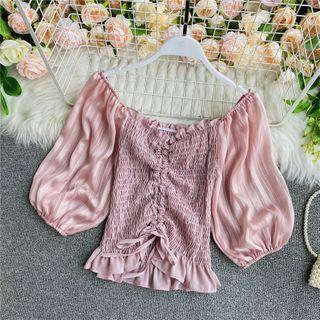Drawstring Off-shoulder Smocked Chiffon Blouse