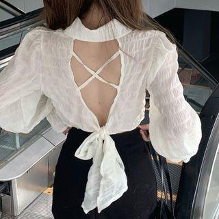 Long-sleeve Plain Open-back Bow Blouse / High-waist Plain Side-slit Skirt