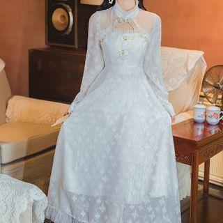 Puff-sleeve Floral Embroidered Cutout Midi A-line Dress