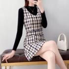 Set: Houndstooth Mini A-line Overall Dress + Long-sleeve Top