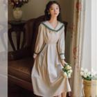 Faux Pearl Double-breasted Midi A-line Shirtdress