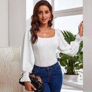 Lantern-sleeve Square-neck Plain Slim-fit Shirt