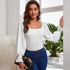 Lantern-sleeve Square-neck Plain Slim-fit Shirt